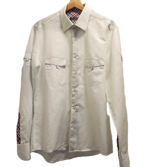 Andrea Bossi Other - 100%Linen Andrea Bossi Men’s Long Sleeve Shirt  Size L White with Check Accents